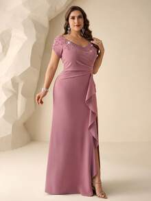 Coutiva Plus Size Elegant Dusty Pink Rhinestone High Slit Ruffle Hem Mother Of The Bride Dress,Summer Bridesmaid Gown,Formal Wedding Evening Gowns For Ladies - Mauve Purple - View 4