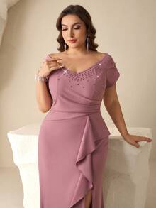 Coutiva Plus Size Elegant Dusty Pink Rhinestone High Slit Ruffle Hem Mother Of The Bride Dress,Summer Bridesmaid Gown,Formal Wedding Evening Gowns For Ladies - Mauve Purple - View 5