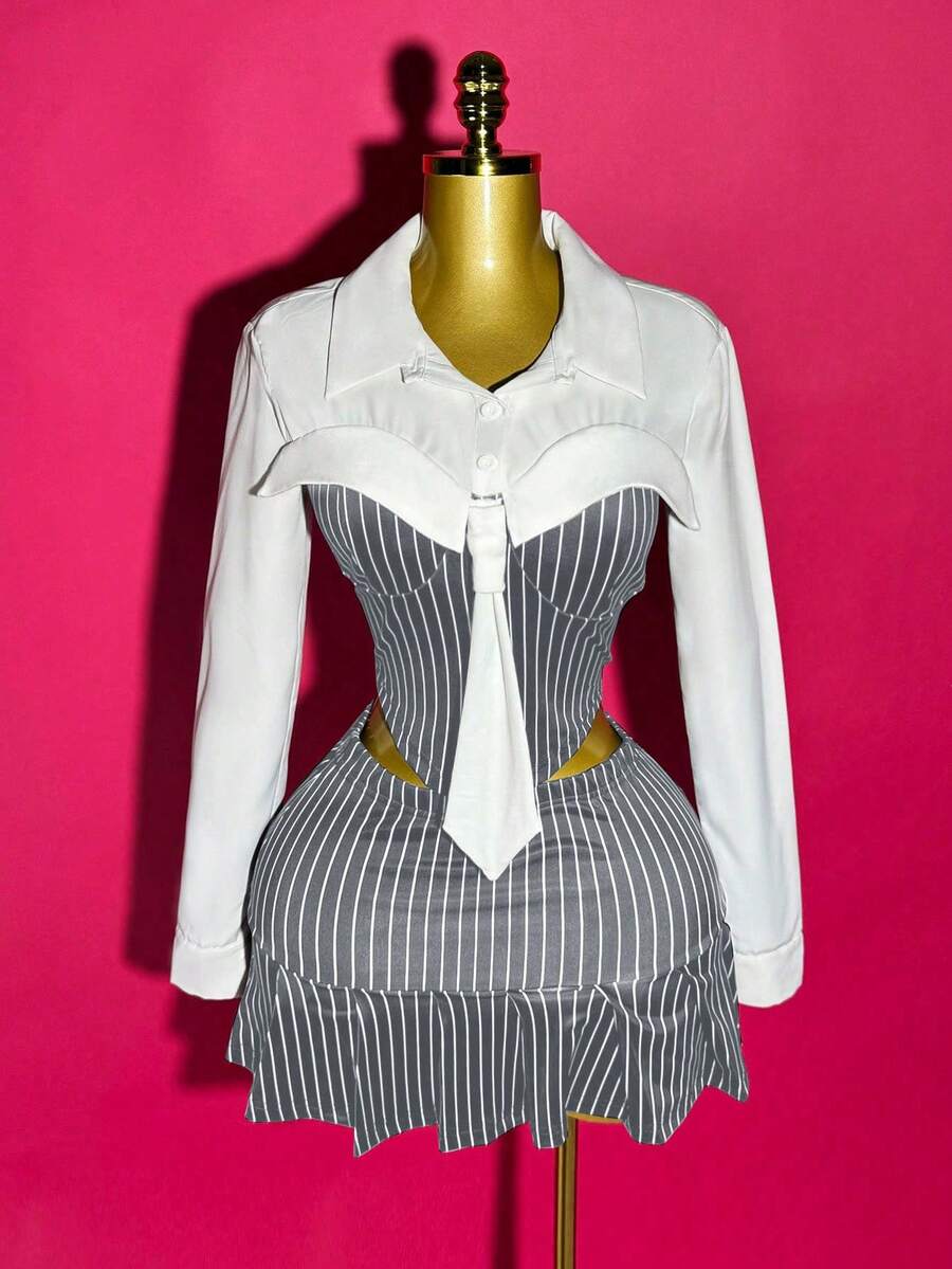 Mistrie Women's Contrast Stripe Lapel Casual Collegiate Long Sleeve Shirt - Grey - View 1