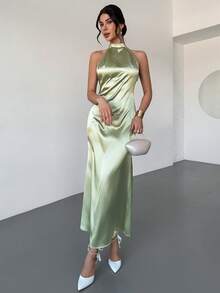 Firerie 女士优雅浪漫约会婚礼季连衣裙，派对、聚会、舞会、正式场合长款连衣裙，绿色露背系带A字缎面礼服，春夏连衣裙 - 綠色 - 查看 6