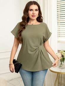 Reflora Plus Size Olive Green Summer Smart Casual Office Blouse,Solid Rolled Sleeve Waist Ruched Elegant Minimalist Short Sleeve Tie Front Top For Mother - Green - View 4