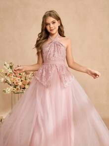 Vestido elegante con contraste de encaje y malla, con corte de cintura y falda acampanada para niñas, adecuado para niña de las flores, boda, baile de graduación, fiesta de cumpleaños, banquete - Rosa - Ver 7