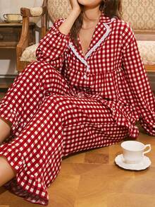 French Elegant Romantic Lively Plaid Print Ruffle Patchwork Lantern Sleeve Wide Leg Pants Lapel Cardigan Women Pajama Set - Burgundy - View 6
