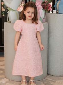 Dazy Kids Young Girl Jacquard Square Collar Petal Sleeve Dress Summer - Pink - View 7