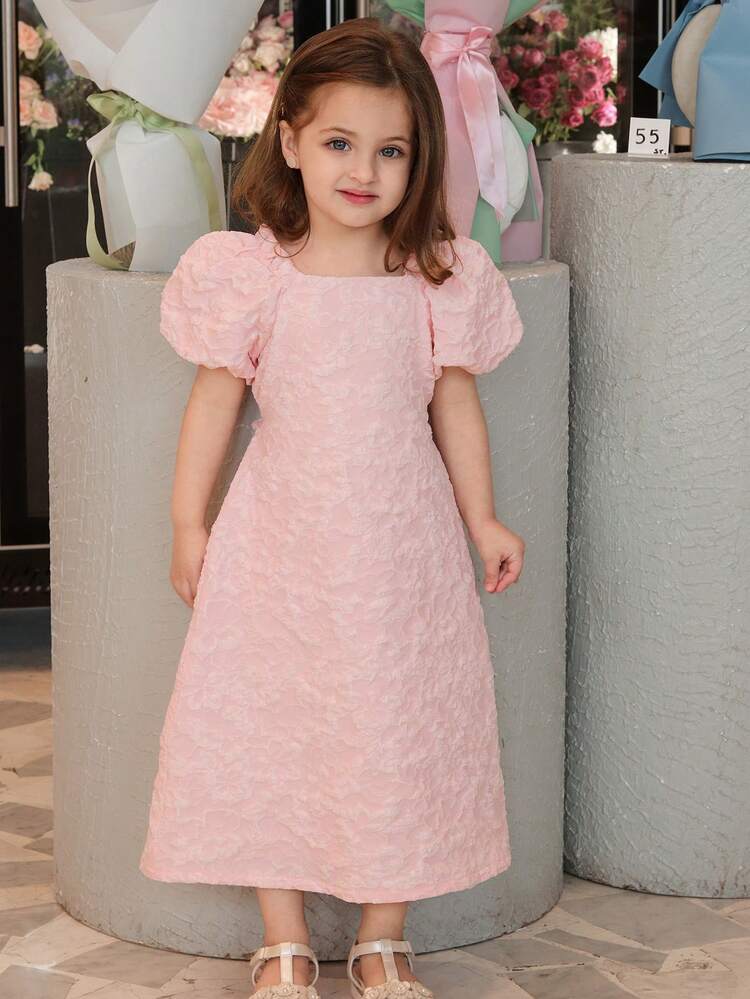 Young Girl Jacquard Square Collar Petal Sleeve Dress Summer