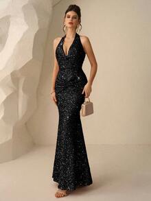 Coutiva Vestido elegante de manga larga con lentejuelas, vestido de gala de alta gama - Negro - Ver 7