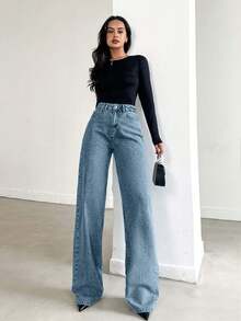 SHEIN Women's Casual High Waist Slant Pocket Straight Leg Jeans - Light Wash - View 3