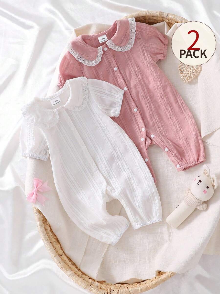 SHEIN 2件装新生儿短袖连体衣,精致刺绣荷叶边领 - 彩色 - 查看 1