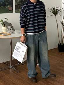 DAZY Jersey de cuello polo a rayas azul marino para hombre, otoño/invierno - Multicolor - Ver 8