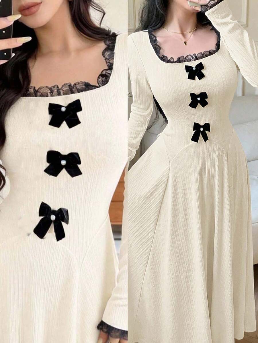 Feyla 女士优雅蕾丝边蝴蝶结装饰收腰连衣裙 - 杏色 - 查看 1