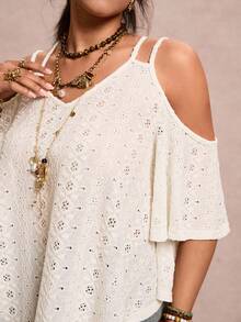 Freevana 大码休闲纯色露肩纹理T恤 - 米色 - 查看 7