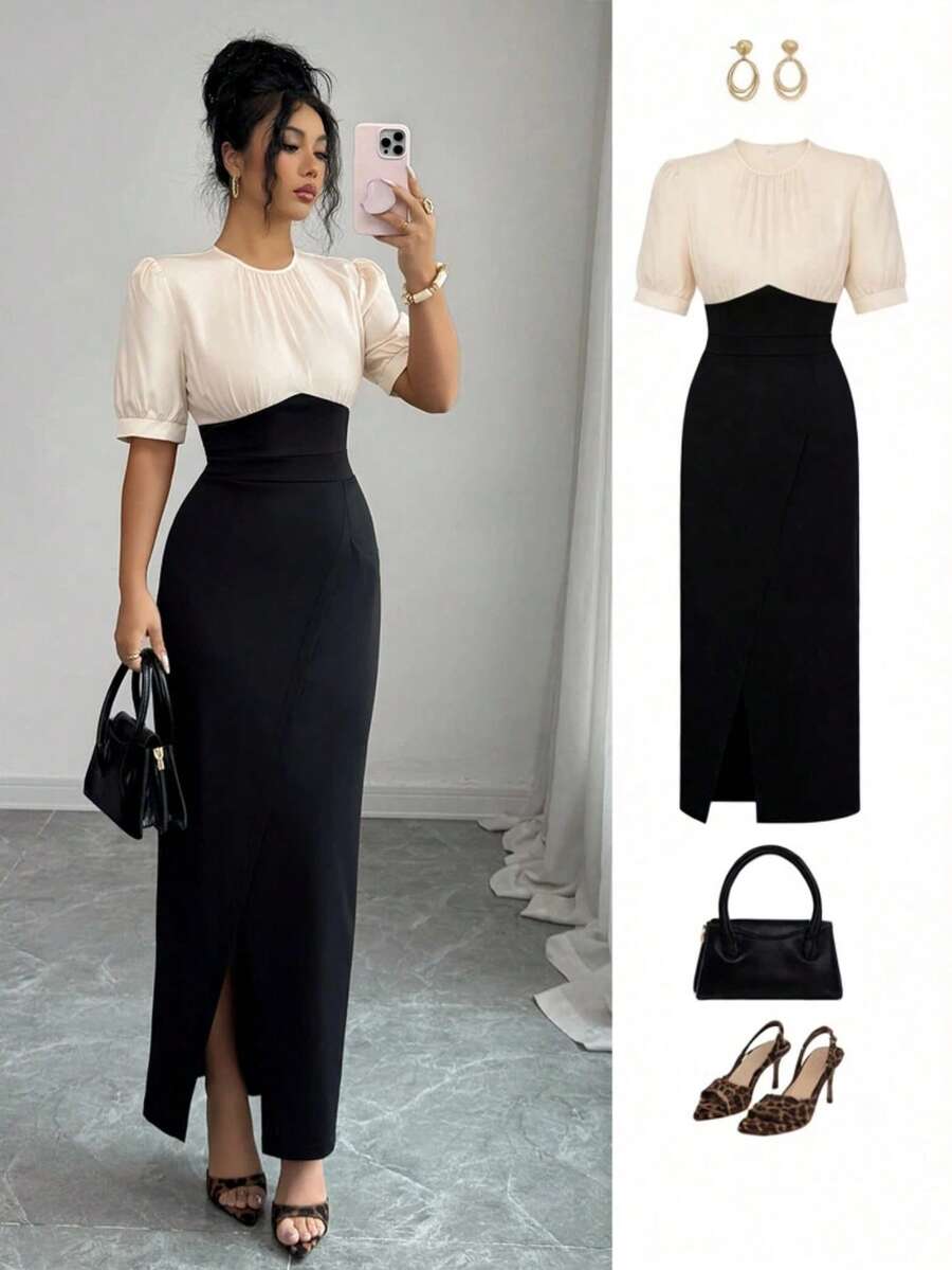 Elenzga 优雅别致的黑白拼接修身女士春夏连衣裙 - 黑與白 - 查看 1