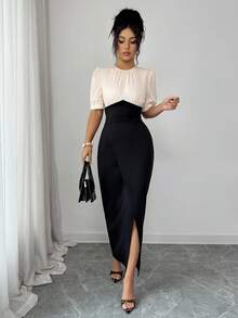 Elenzga 优雅别致的黑白拼接修身女士春夏连衣裙 - 黑與白 - 查看 3