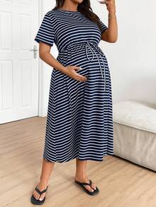 Plussiva Gaun Kasual Longgar Bergaris untuk Ibu Hamil, Ukuran Besar - Royal Blue - View 9