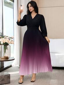 Modelyn Plus Size Elegant Commuter Ombre Pleated Hem Dress - Multicolor - View 2