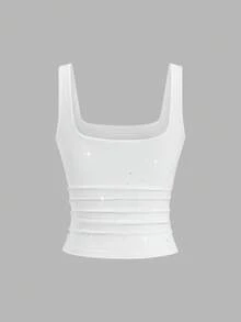 SHEIN Sweetro 新款亮面面料优雅通勤日常修身腰部女士背心，秋季款 - 白色 - 查看 4