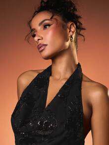 MISSGUIDED Áo kiểu yếm cổ đổ đính sequin với chi tiết buộc dây phía sau, thích hợp cho tiệc tối và câu lạc bộ. - màu đen - Xem 5