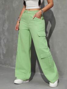 SHEIN EZwear 女士夏季拉链门襟翻盖口袋工装牛仔裤 - 綠色 - 查看 5