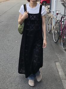 FRIFUL 女士蕾丝刺绣背带裙纯色连衣裙，适合春季至夏季穿着的吊带裙 - 黑色 - 查看 4