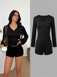 Teen Girls'T-Shirt Set, Casual Autumn Black Holiday Long Sleeve V-Neck Button Decor Vertical Striped Top+Elastic Waist Shorts Set, Relaxed Fit Wear - Black - View 1