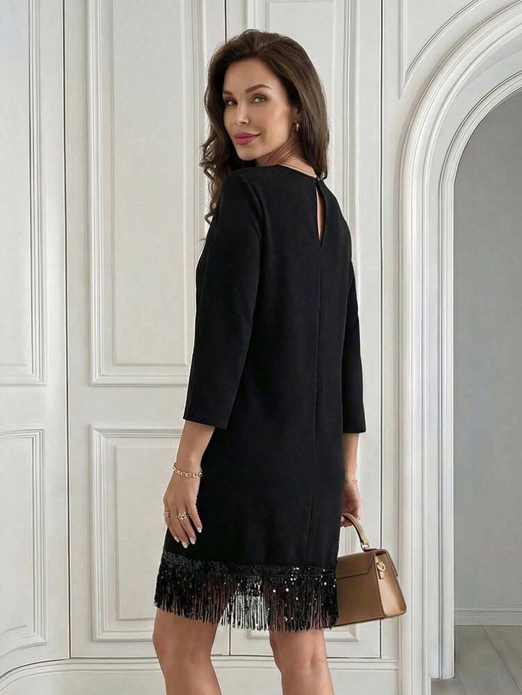 Women's Elegant Black Long Sleeve Mini Dress,Solid Round Neck Loose Fringe Hem,Classy Autumn Party Dress,Christmas Outfit, Fashion Dresses