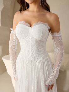 Coutiva New Arrival Long Sleeve Lace Fashionable Slimming Off-Shoulder Wedding Dress - White - View 7