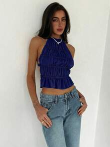 Aloruh Women's Adjustable Halter Tie Ruched Layered Semi-Sheer Romantic Date Cropped Camisole - Navy Blue - View 1