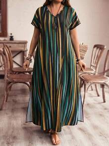 EMERY ROSE Plus Size Women's Black And Gold Striped Color Block Maxi Dress,Boho Summer Vacation Holiday Beach Long Dress,Spring Country Style Outfits Clothing - Fresh Green - View 4