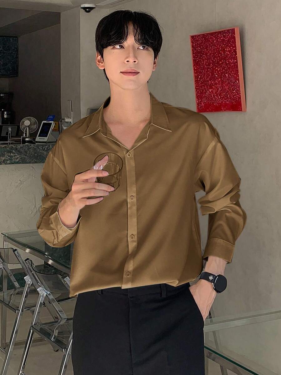 DAZY Men's Casual, Versatile, Solid Color Long Sleeve Shirt, Suitable For Work, Commute, Daily Wear, Spring/Autumn - Brown - View 1