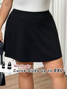 SHEIN CURVE+ 大码女式纯色A字休闲迷你裙，适合曲线身材 - 黑色 - 查看 1
