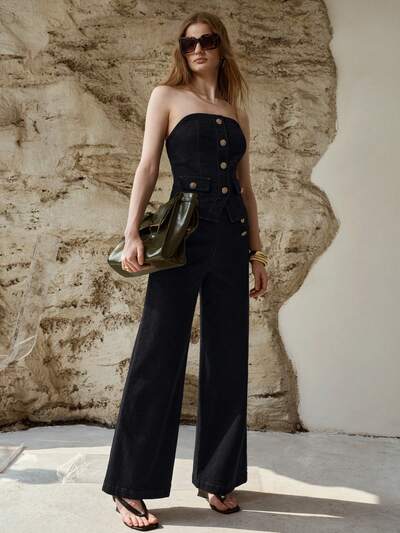 ZIPPER BACK SLIM FIT STRAPLESS DENIM TOP