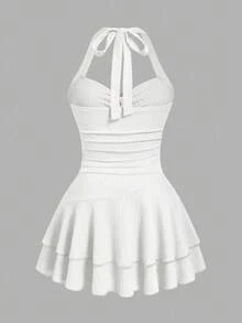 SHEIN CURVE+ Women's All White Summer Cute Silky Beach Party Vacation Dress,Starfish Metal Decor Off-The-Shoulder Spaghetti Strap Ruched Waist Slim Fit Mini Dress - Beige - View 2