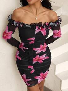 Modelyn Black Mesh Floral Print Ruffle Off Shoulder Pleated Waist Slim Elegant Sexy Summer Vacation French Style Dress For Women Women Sexy Dress Orchid Dress Sexy Curve Dress - Black - View 4