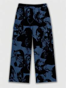ROMWE MEN Street Life Men's Street Hip Hop Jacquard All-Over Print Drawstring Pants - Blue - View 2