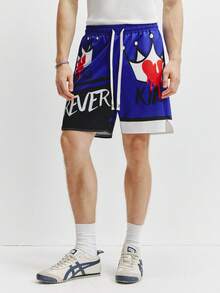 TOKVUE Men's Two Pieces Hip Hop Shorts Set,Dark Blue Summer Streetwear City Break Graphic Print Geometric Drawstring Basketball Sports Casual - Blue - View 6