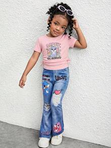SHEIN 2pcs/Set Young Girls Light Pink Summer Cartoon Rabbit Print Short Sleeve Tee Top With Drawstring Sides And Graphic Flare Pants,Kids Fashionable Set - Pink - View 3