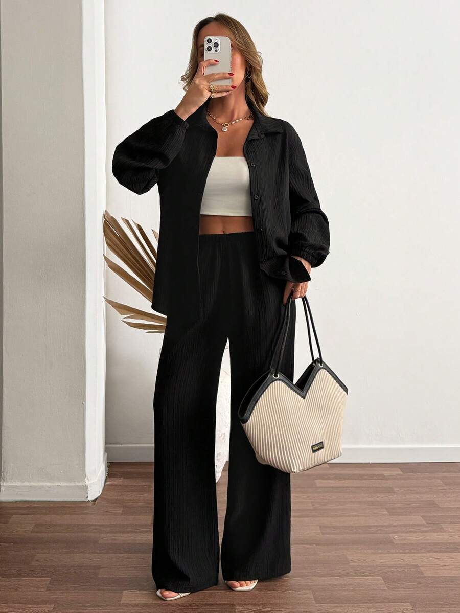 Black Long Sleeve Button-Up Shirt And Wide Leg Pants Two Pieces Set - Black - View 1