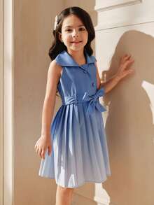SHEIN A-Line Pleated Ombre Collar Young Girls Dress - Blue - View 7