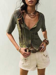 SoleilVie 女士休闲复古前扣拼接插肩袖T恤，夏季休闲波西米亚性感上衣，夏季卡其绿牛仔上衣 - 綠色 - 查看 5