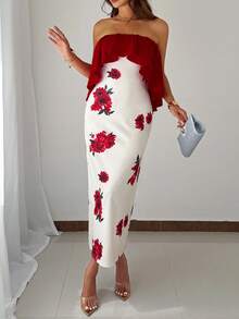 Franclia Fiery Red Floral Print Long A Line Dress For Women Elegant Sleeveless With Ruffle Asymmetrical Neck And Flared Hem Design - Fiery Red - View 5
