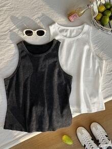 Comfortcana 2 piezas Camiseta de punto de cuello redondo sin mangas, unicolor negro y blanco, lavada y cómoda, talla grande, primavera/verano - Multicolor - Ver 6