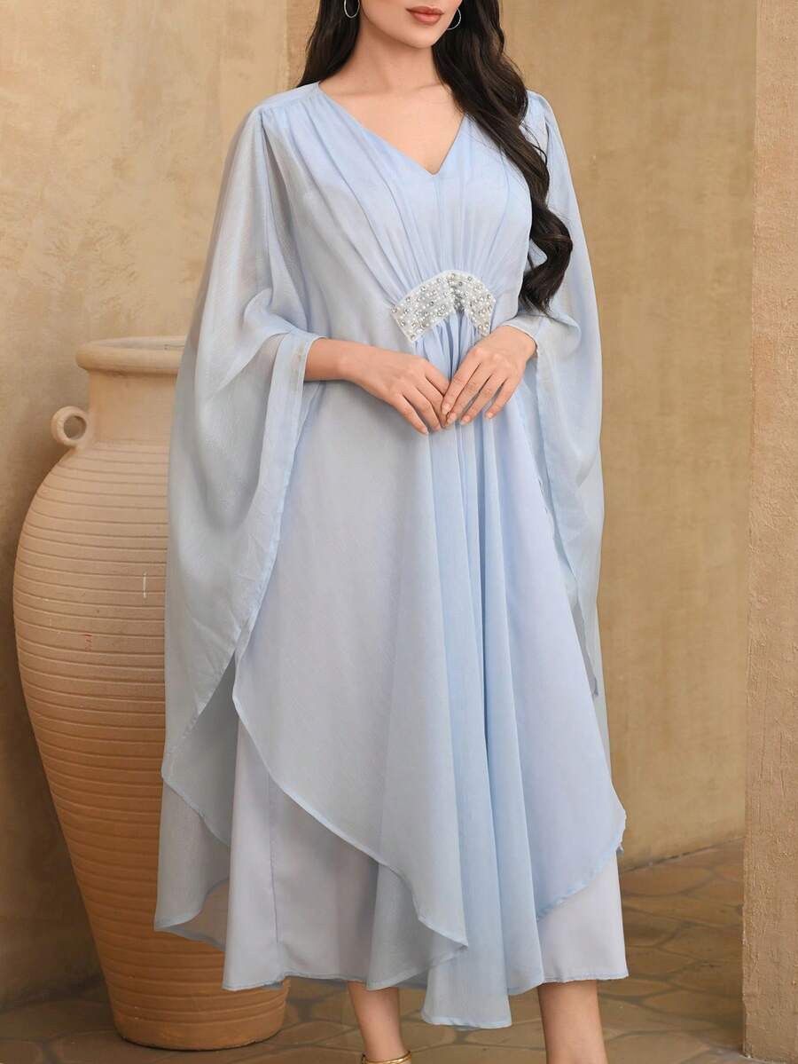 DAZY Women's V-Neck Pearl Splice Waist Shawl Sleeve Maxi Elegant Dress - Aqua Blue - View 1