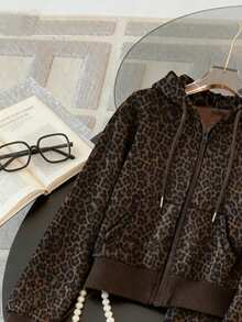Resyla Set de 2 sudaderas con capucha y cremallera de estampado de leopardo casual, regalo para amigos - Marrón - Ver 3