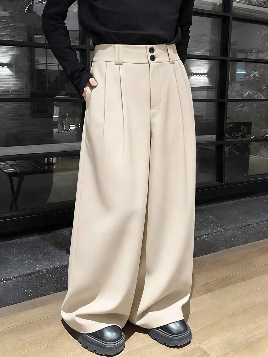 Claim Dot 男士高腰裤，双腰带环设计，宽松百慕大短裤，正式休闲裤，宽松时尚百搭直筒裤，送给男友或老公的绝佳礼物，黑色宽松裤，高腰阔腿裤，黑色正装裤 - 米色 - 查看 1