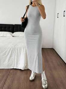 SHEIN EZwear 女士灰色针织露背无袖修身连衣裙，长款修身连衣裙，无袖长裙，舒适长裙，灰色长裙，露背镂空连衣裙，露背长裙，无袖吊带裙，女装连衣裙，女士夏季连衣裙，修身长裙 - 灰色 - 查看 6