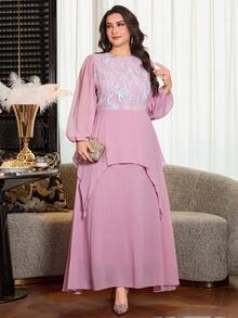 Modelyn 大码女士优雅刺绣收腰A字连衣裙 - 西瓜粉 - 查看 4