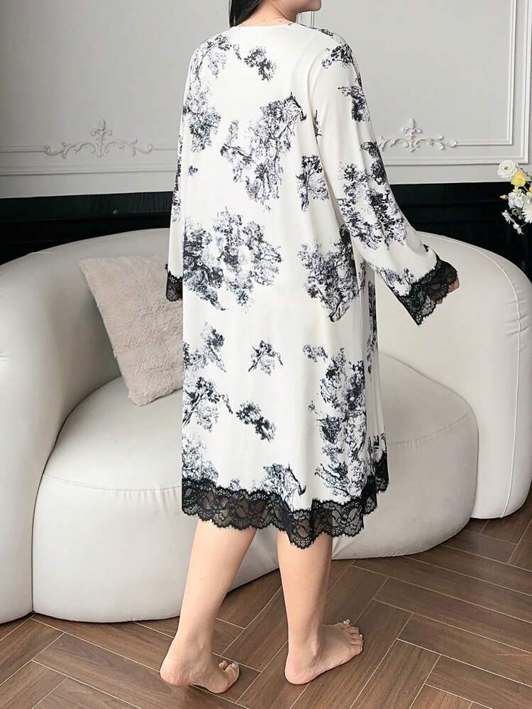 Dazy Plus Plus Size Women Lace Floral Print Camisole Dress And Open Front Long Robe Casual Loungewear Set