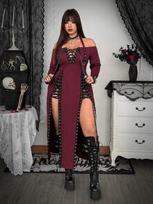 Whyspr Plus Size Women's Halter Neck Criss-Cross Tie Slit Dress - Burgundy - View 6