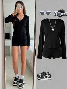 Teen Girls'T-Shirt Set, Casual Autumn Black Holiday Long Sleeve V-Neck Button Decor Vertical Striped Top+Elastic Waist Shorts Set, Relaxed Fit Wear - Black - View 3