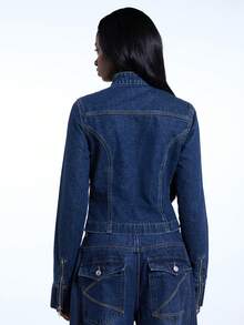 COUREZ 修身不对称拉链机车牛仔夹克，中蓝色水洗/Y2K风格春季女装街头风两件套，可爱性感牛仔外套，外出穿搭，派对狂欢穿搭，夏季外套，夏季穿搭 - 中等水洗藍 - 查看 3